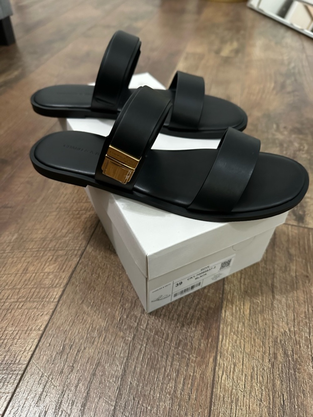 Charles & Keith Black Double-Strap Slides with Gold Buckle